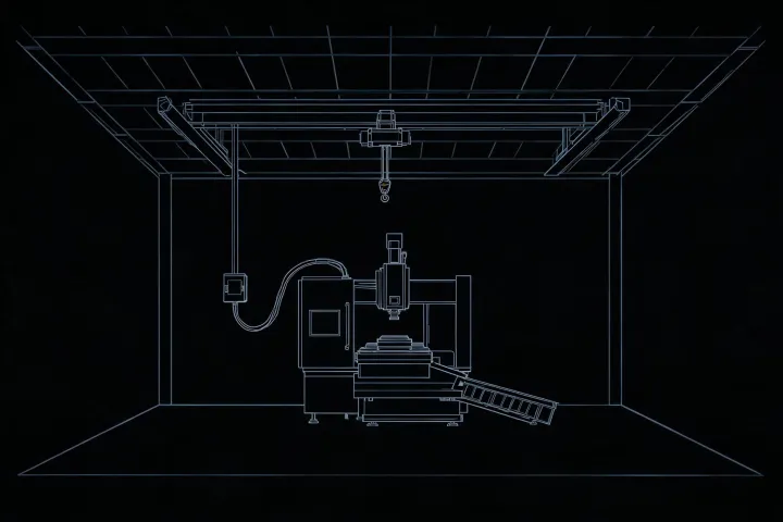 Schematic plant layout showing a machining-center bay, chip path and utility drops without a street address
