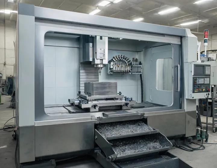 Vertical CNC machining center cutting a fixtured steel workpiece in a metalworking shop
